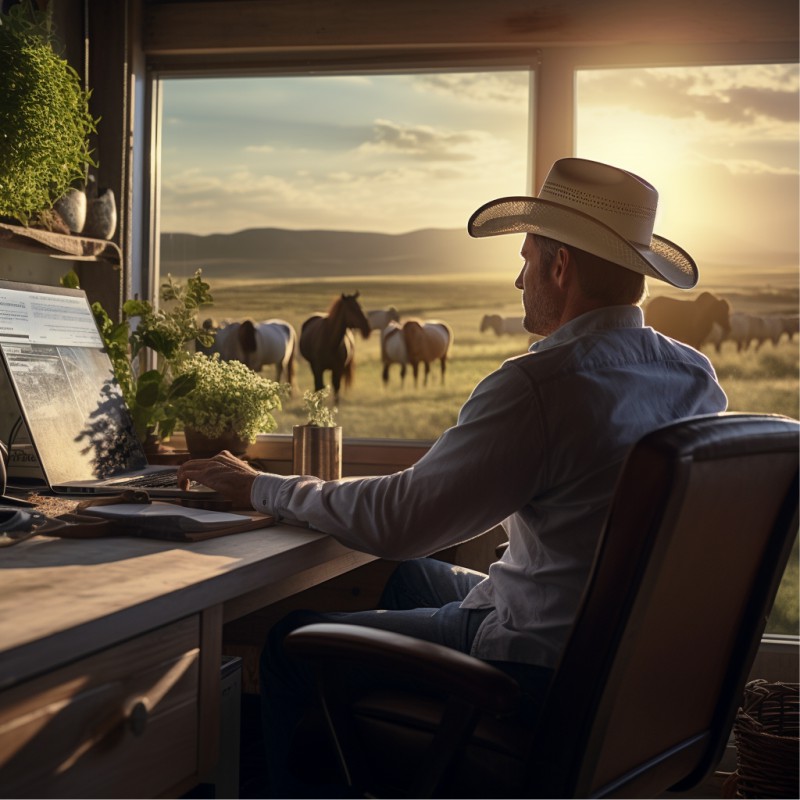 Empresário fazendeiro mexendo no computador com animais ao fundo
