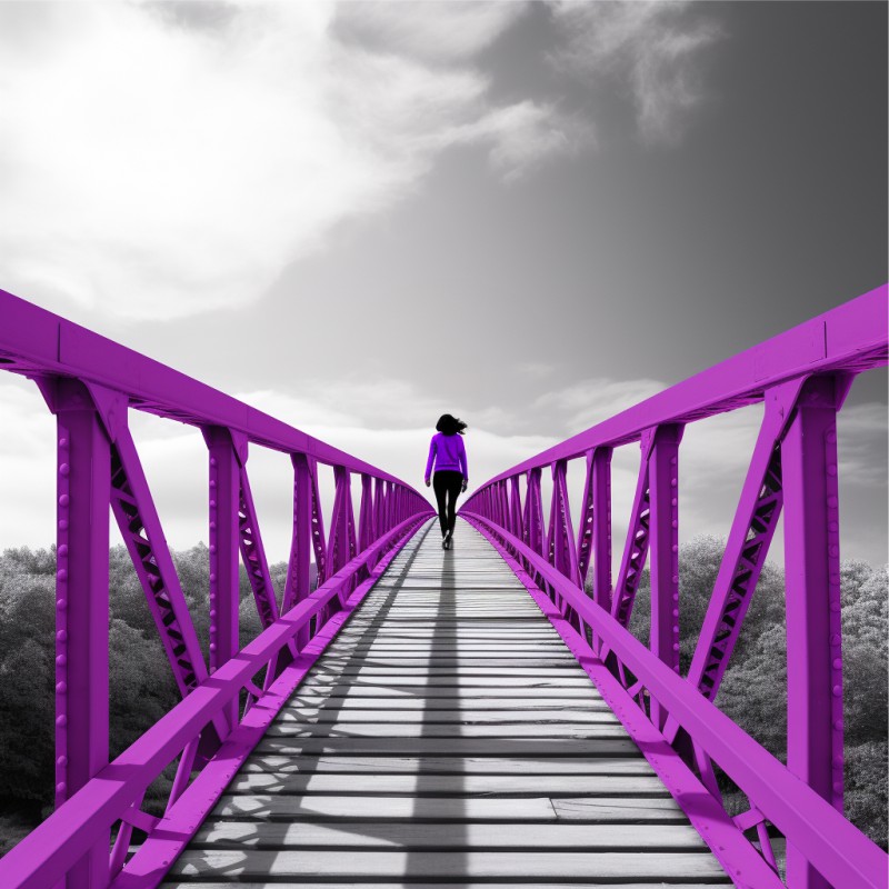 Pessoa atravessando uma ponte rosa. Foto em preto e branco.